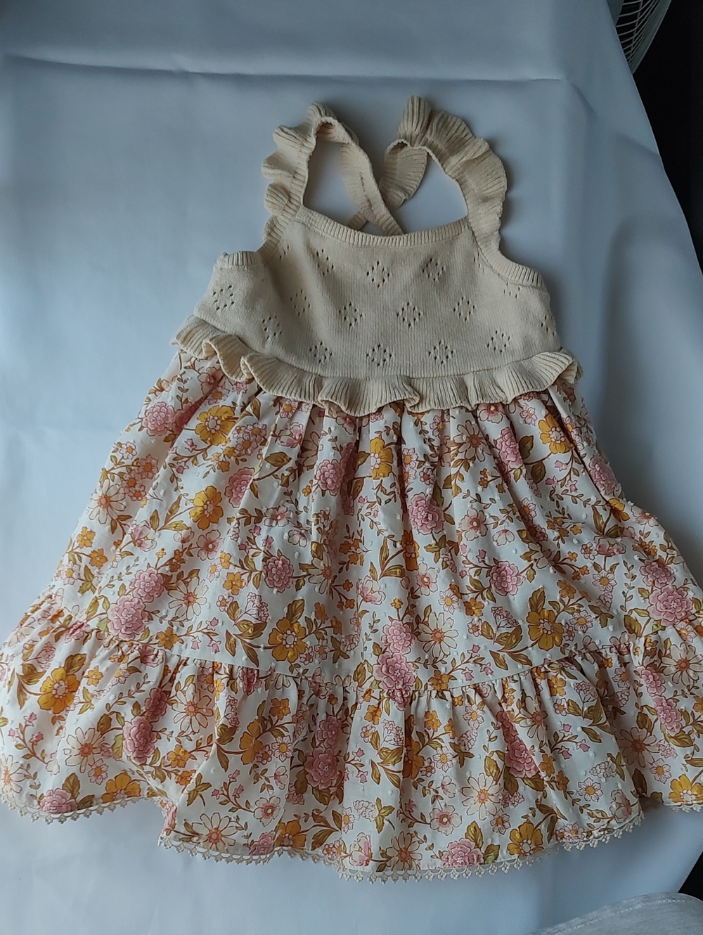 Haute Hippie Cream Knit Bodice Floral Tiered Dress with Pink & Mustard Print
